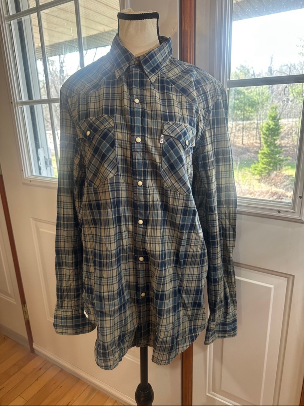 Levi's Blue and White Plaid Snap-Up Shirt